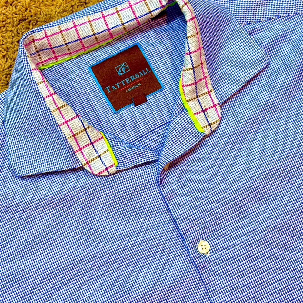 Tattersall London Long Sleeve Blue Plaid Button Up Shirt Size Large - 17 34/35